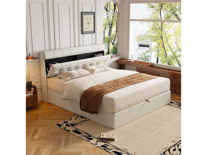 Elegant storage bed 160x200 cm - concealed headboard shelf - faux leather - slatted base - white