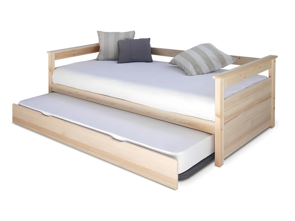 Trundle bed set with 2 mattresses 90x200 cm solid wood natural wood