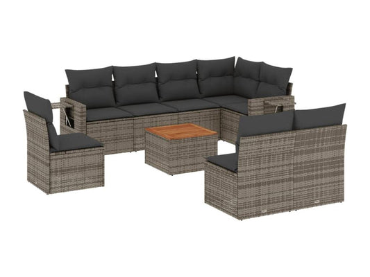 9-piece garden furniture set with grey resin wicker cushions