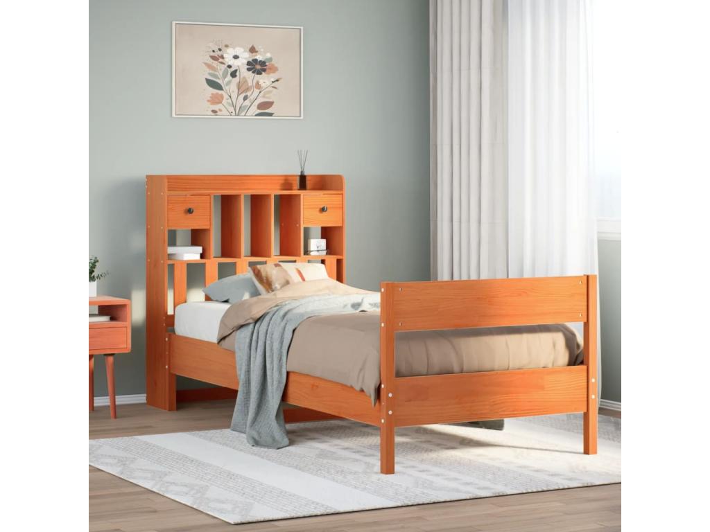 Bookshelf bed without mattress, brown wax finish, 90x200 cm, solid pine