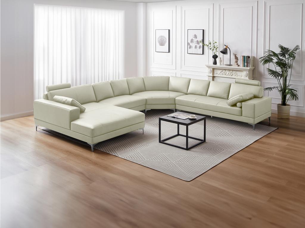 Large panoramic left-hand corner sofa in ivory leather, Dekonaoérieur Donatello II