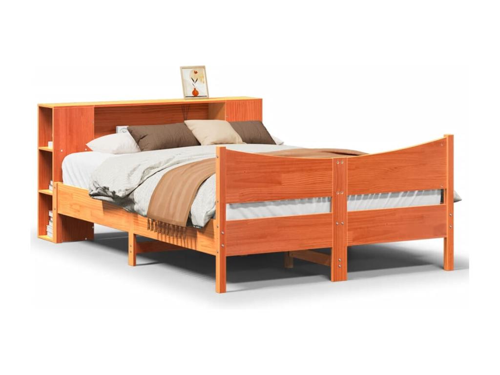 Bed frame without mattress, brown wax finish, 135x190cm, solid pine wood