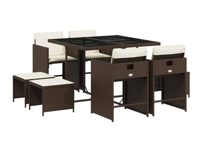 9-piece brown poly rattan garden dining set and cushions
