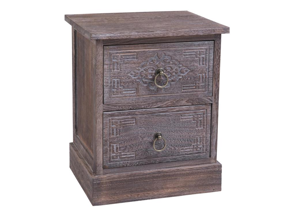 Bedside table/nightstand with 2 drawers in brown-grey paulownia wood, vintage ethnic bohemian style with engravings