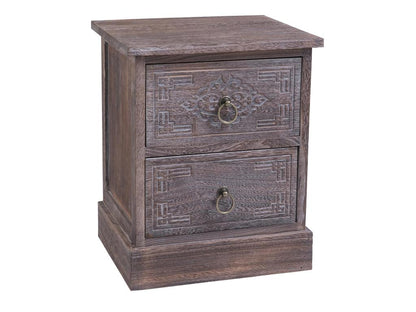 Bedside table/nightstand with 2 drawers in brown-grey paulownia wood, vintage ethnic bohemian style with engravings