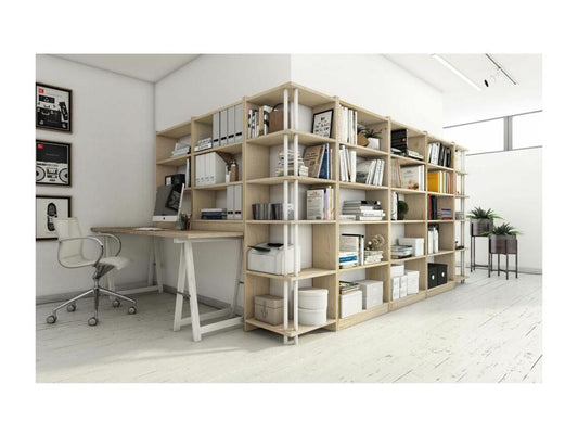 Corner shelf in unfinished pine with 6 shelves