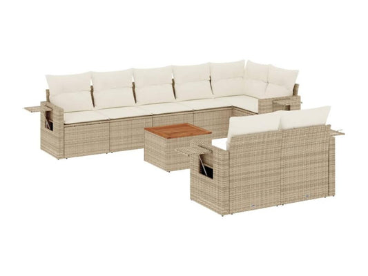 9-piece garden furniture set with cushions, beige woven resin