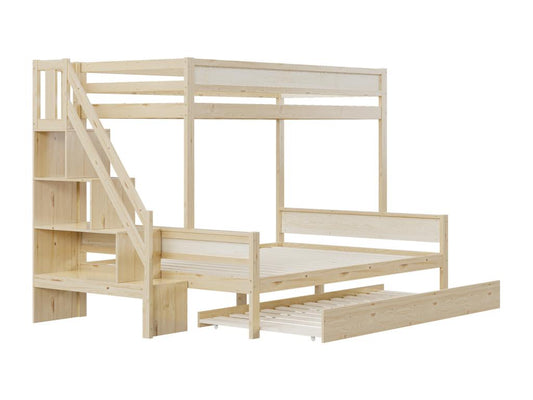 Children's bunk bed 90x200 and 140x200cm with trundle bed 90x190cm, slatted base with steps and shelf in natural wood