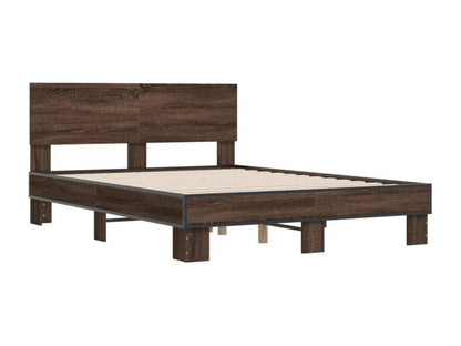 Brown oak bed frame 140x190 cm engineered wood and metal