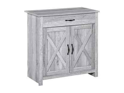 2-door sideboard with drawer, rustic style, cupboard with shelf, black metal handles, MDF particleboard with light grey wood-look finish