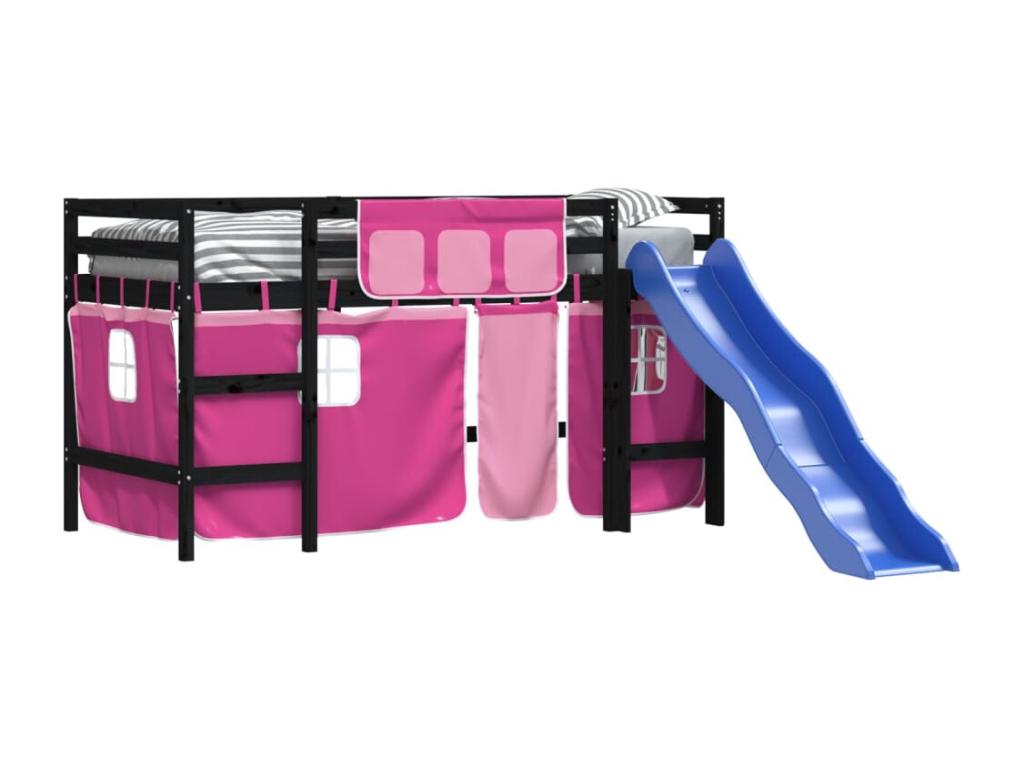 Children's loft bed and pink curtains, 90x200cm, solid pine wood