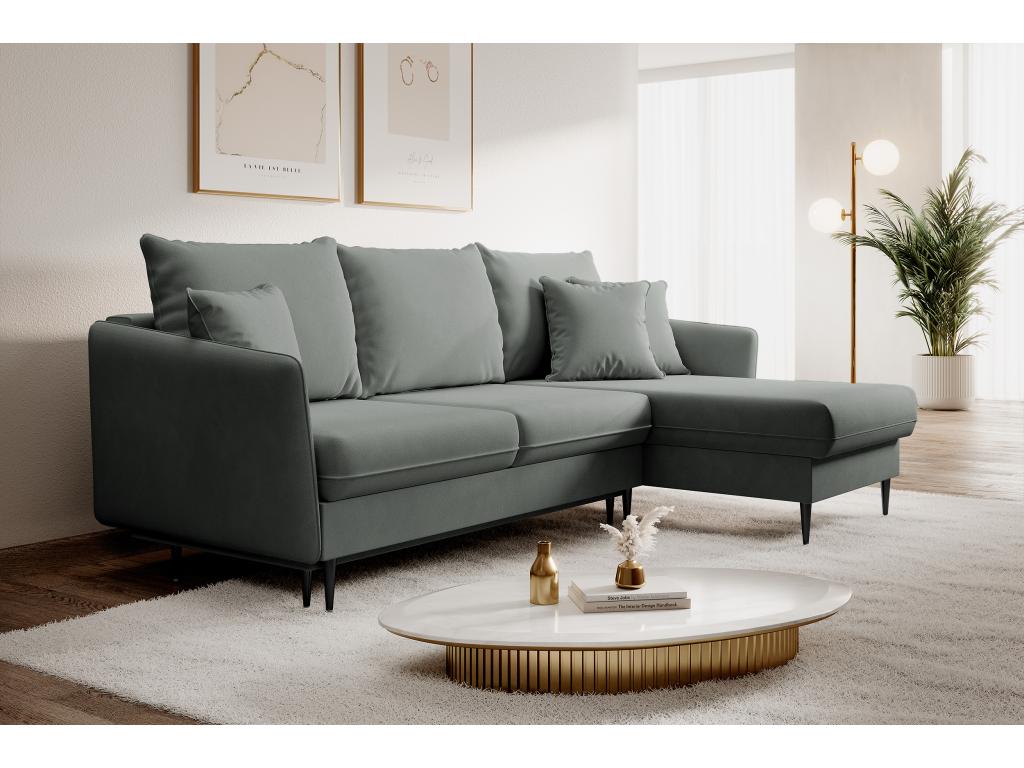 Corner sofa - 223 cm - with sleeping function - water-repellent velvet - grey - black legs -