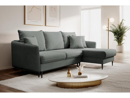 Corner sofa - 223 cm - with sleeping function - water-repellent velvet - grey - black legs -