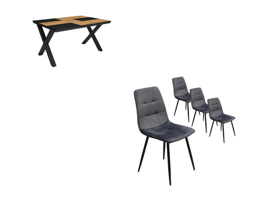Dining Table Set 140cm Oak and Black Industrial Style Set of 4 Dining Chairs Upholstered Chair