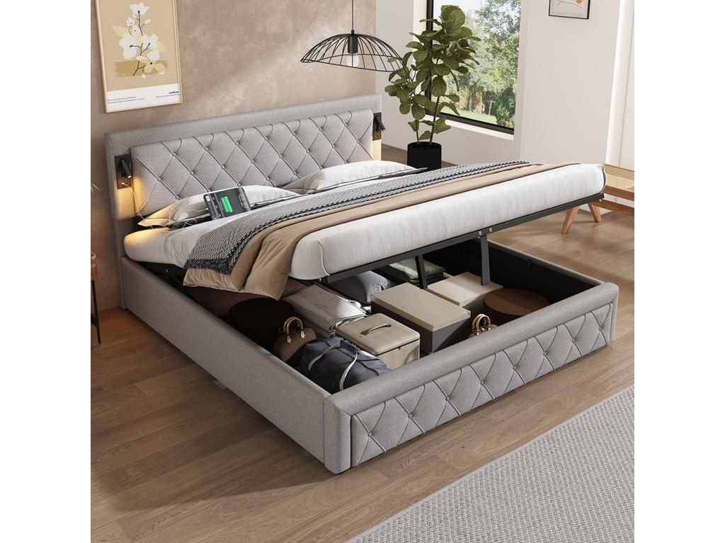 180x200 Upholstered bed with auxiliary lighting and USB port, double storage bed, grey linen