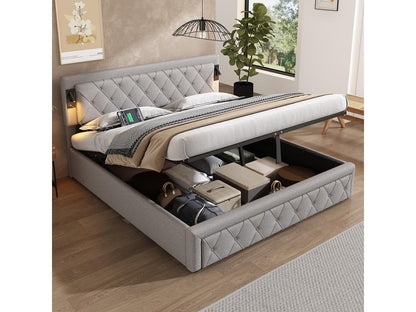 180x200 Upholstered bed with auxiliary lighting and USB port, double storage bed, grey linen
