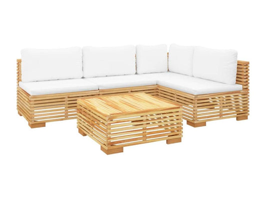 5-piece garden furniture set with cushions. Solid teak wood.