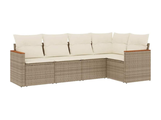 5-piece garden furniture set with cushions, beige woven resin