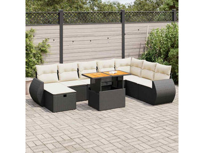 Garden furniture set with cushions, 9 pieces, black woven resin
