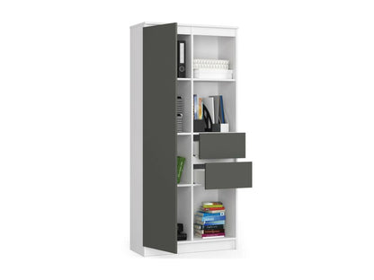 R15 White Office Bookcase, 80 cm, 1 Door, 2 Drawers, Graphite Grey Front, 7 Shelves, 80x35x180 cm