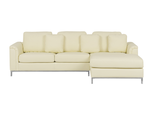Right-hand corner sofa in beige genuine leather with quilted backrest and removable covers.