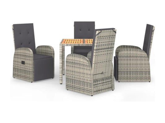 5-piece garden dining set with grey resin wicker cushions