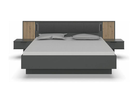 Adult double bed 180x200 with 2 bedside tables, graphite color, oak effect slats - Length 301 x Height 104 x Depth 210 cm