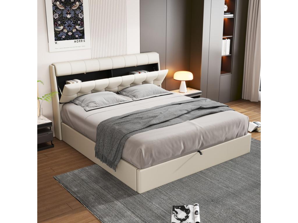 Elegant storage bed 160x200 cm - concealed headboard shelf - faux leather - slatted base - white