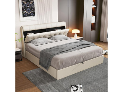 Elegant storage bed 160x200 cm - concealed headboard shelf - faux leather - slatted base - white