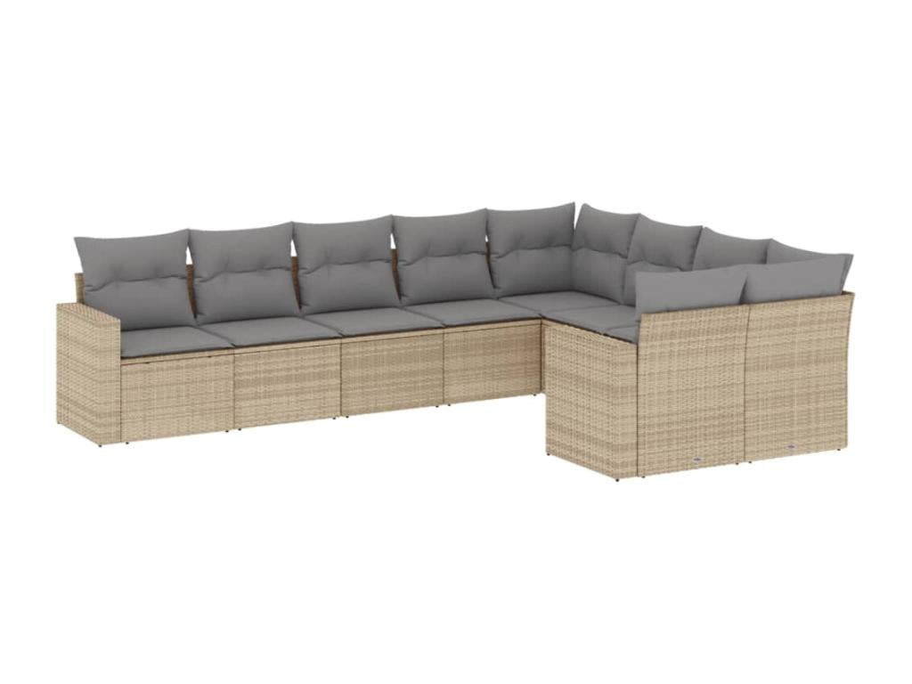 9-piece garden furniture set with cushions, beige woven resin