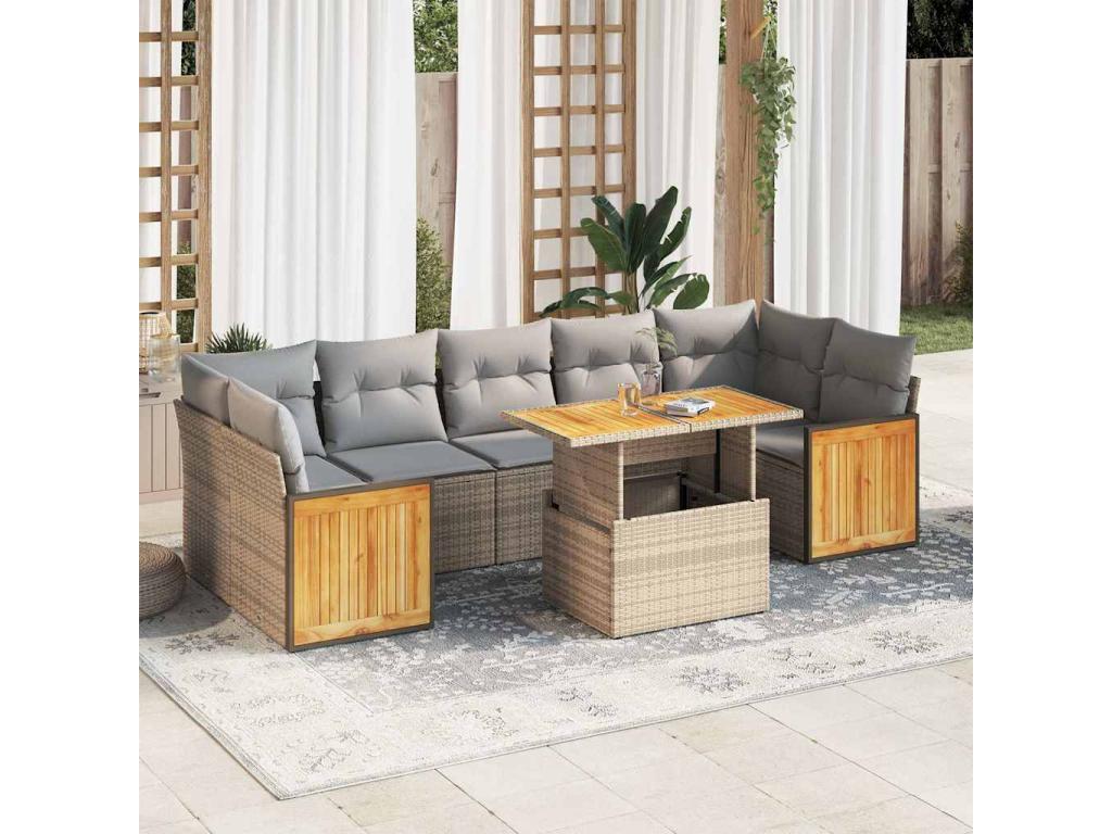 8-piece garden furniture set with cushions, beige woven resin