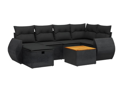 7-piece garden furniture set with cushions, black woven resin
