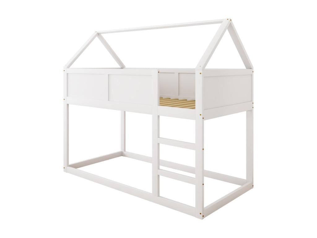 Bunk bed 90x200cm children's cabin bed with stairs and 1x slatted base on top, solid white wood frame