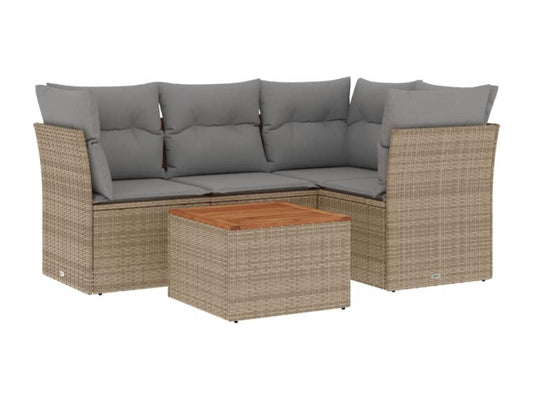 5-piece garden furniture set with cushions, beige woven resin