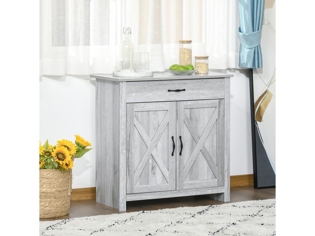 2-door sideboard with drawer, rustic style, cupboard with shelf, black metal handles, MDF particleboard with light grey wood-look finish