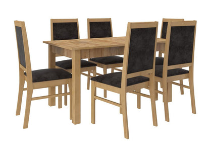 Extendable table set (140-180cm) and 6 chairs in natural wood and black fabric