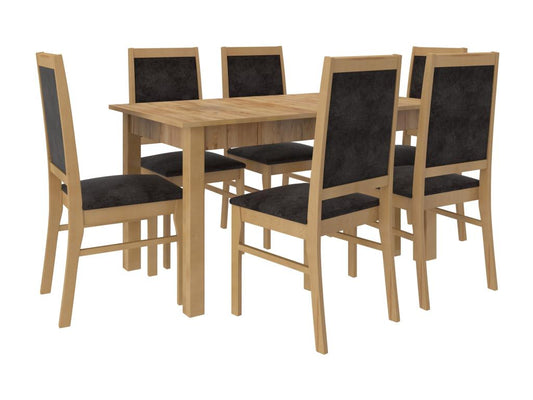 Extendable table set (140-180cm) and 6 chairs in natural wood and black fabric
