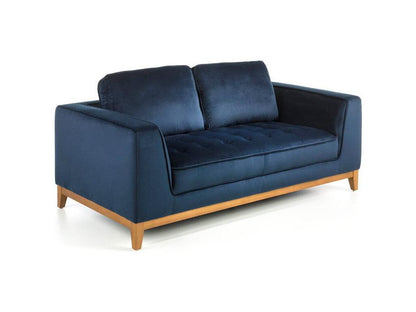 Two-seater sofa in blue velvet-effect fabric and walnut wood