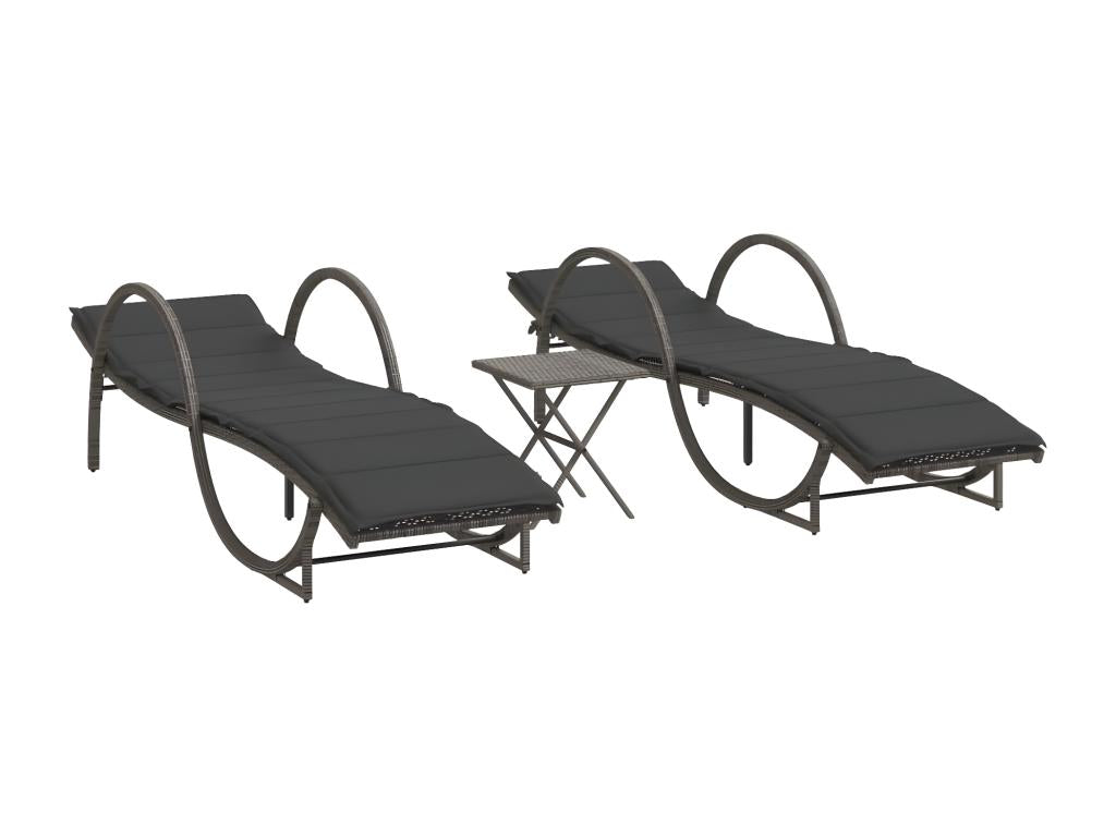 Set of 2 sun loungers with table, grey woven resin