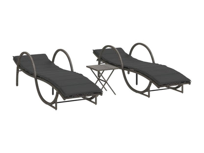 Set of 2 sun loungers with table, grey woven resin