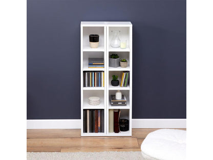 Modular Music Shelving Unit for CDs and DVDs, Set of 2 Column Storage Units with 10 Compartments in Matte White Melamine