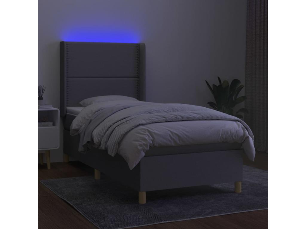 Upholstered bed base with mattress and LED light, light grey, 100x200 cm, fabric