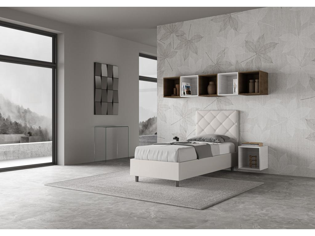 Upholstered storage bed in white faux leather, 80x210