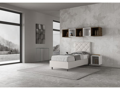 Upholstered storage bed in white faux leather, 80x210