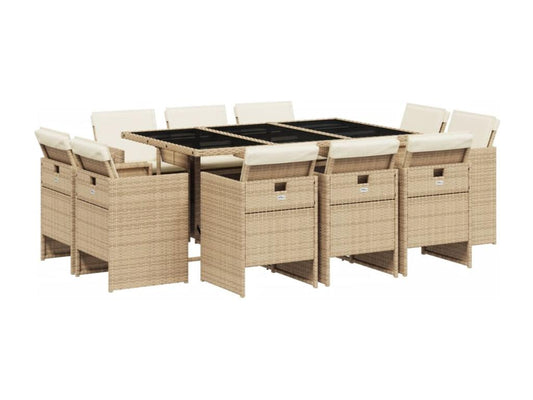 11-piece beige poly rattan garden dining set and cushions