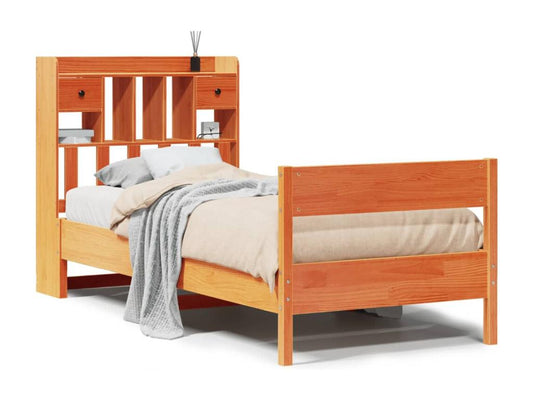 Bookshelf bed without mattress, brown wax finish, 90x200 cm, solid pine