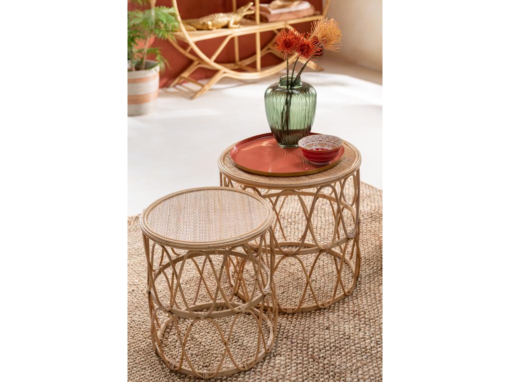 Set of 2 Nesting Tables in Natural Wave Rattan, 50cm