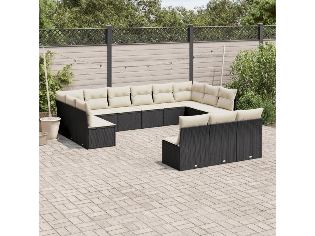 Garden furniture set with cushions, 13 pieces, black woven resin