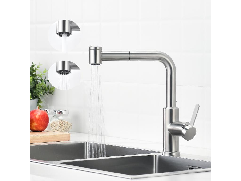 Max Kitchen Mixer Tap with Pull-Out Spray Head, Brushed Finish, Hot and Cold Water, 2 Water Outlet Modes, EU Plug