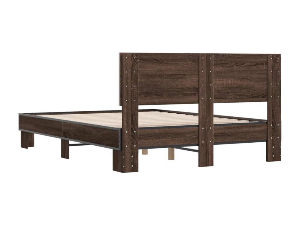 Brown oak bed frame 140x190 cm engineered wood and metal